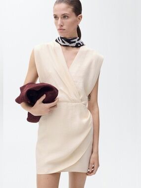 cream dress mango MANGO - Textured Dress with draped neckline Beige